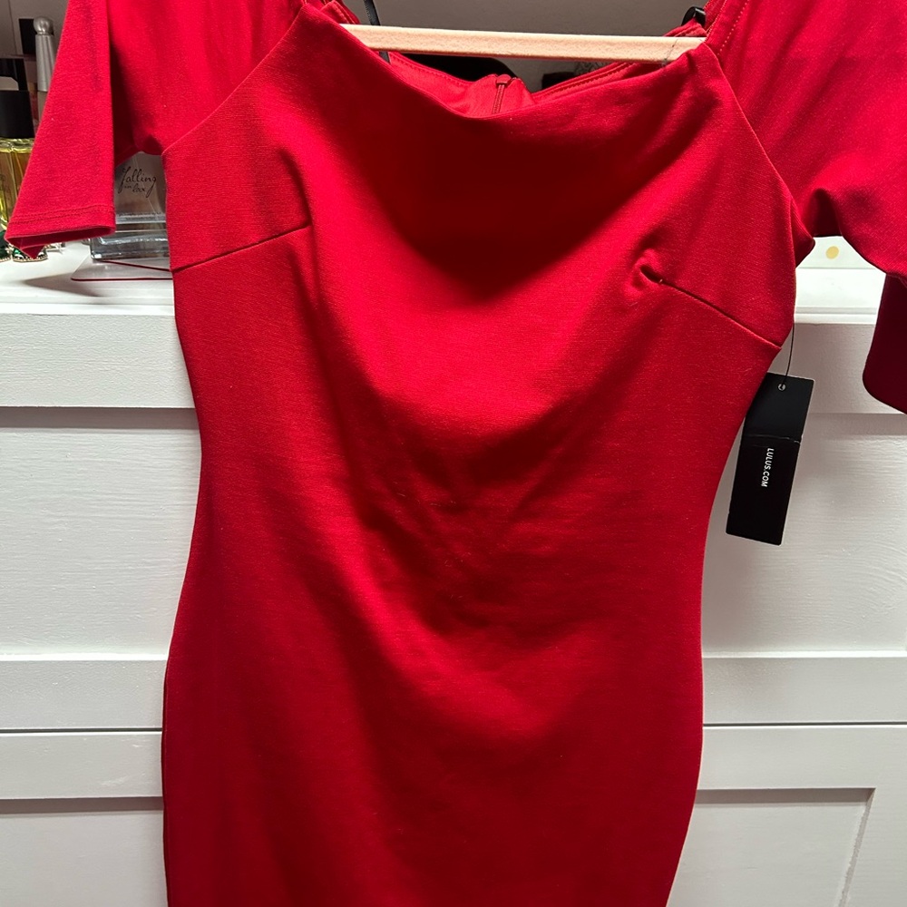Lulu's Red Ruched Asymmetrical Off-Shoulder Midi Dress